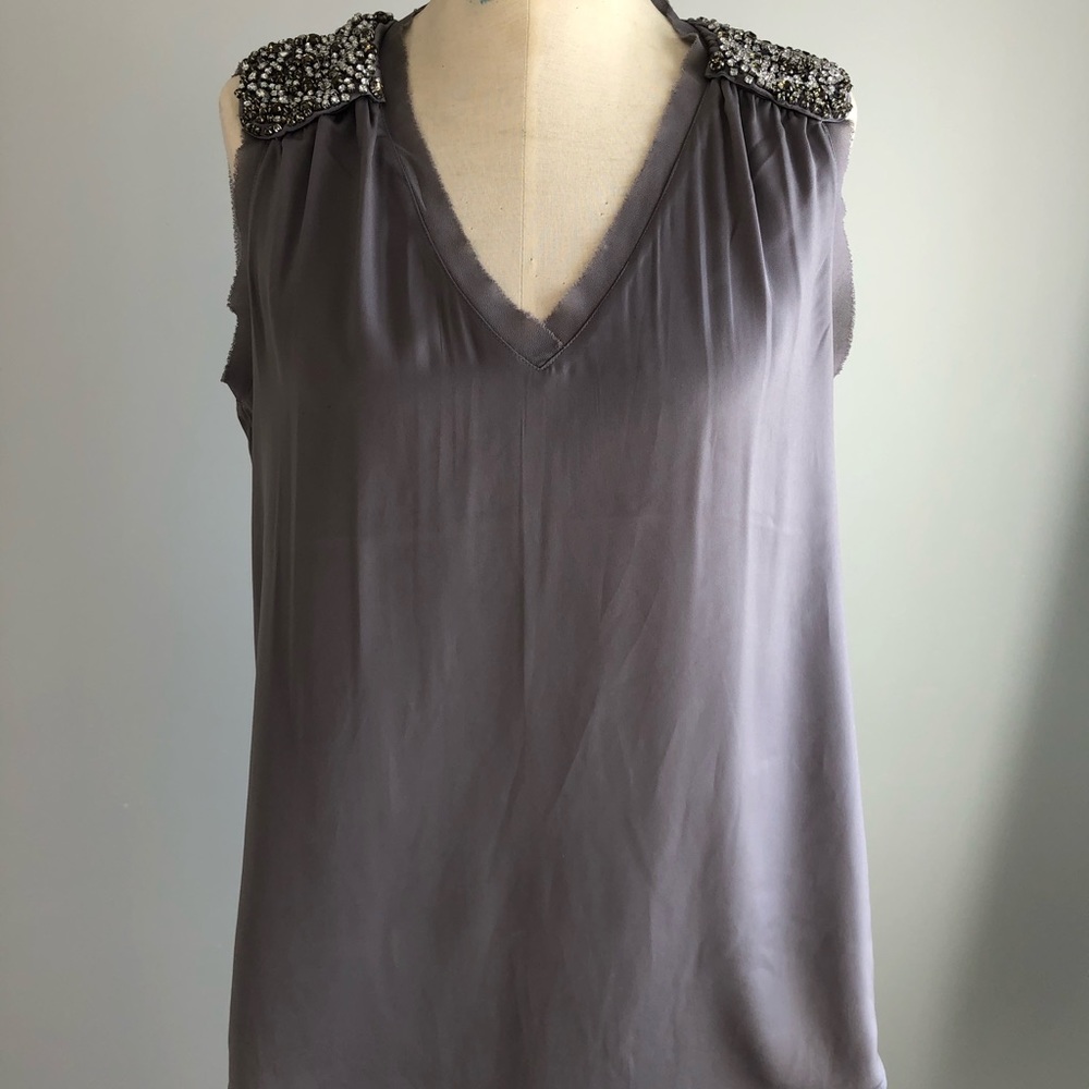 Banana Republic grey top with bejeweled shoulders